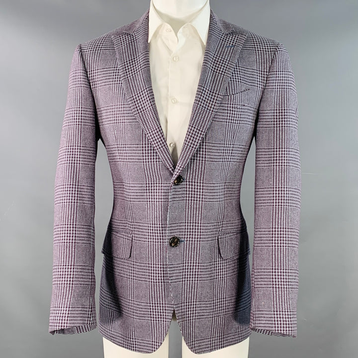 ETRO Size 40 Grey Burgundy Glenplaid Silk Cotton Slim Fit Peak Lapel Sport Coat