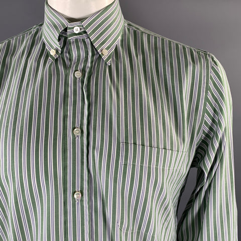 LORO PIANA Size XL White Green Blue Stripe Cotton Long Sleeve Shirt