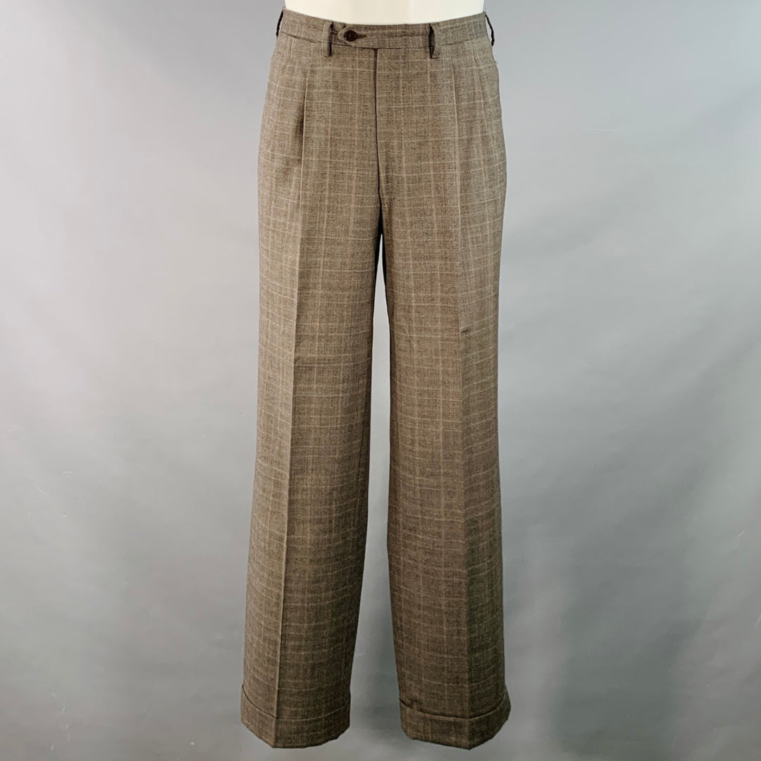 LUCIANO BARBERA Size 38 Regular Brown Plaid Wool Notch Lapel Pleated Suit