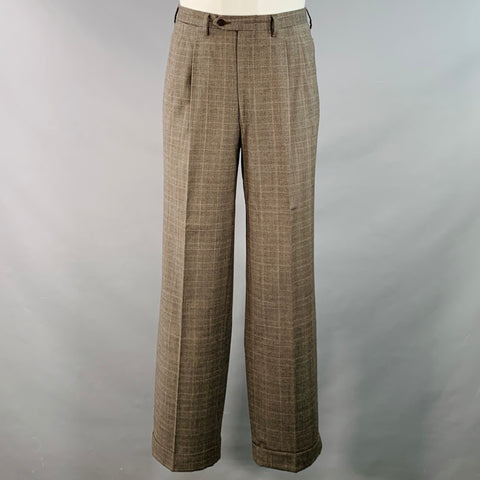 LUCIANO BARBERA Size 38 Regular Brown Plaid Wool Notch Lapel Pleated Suit