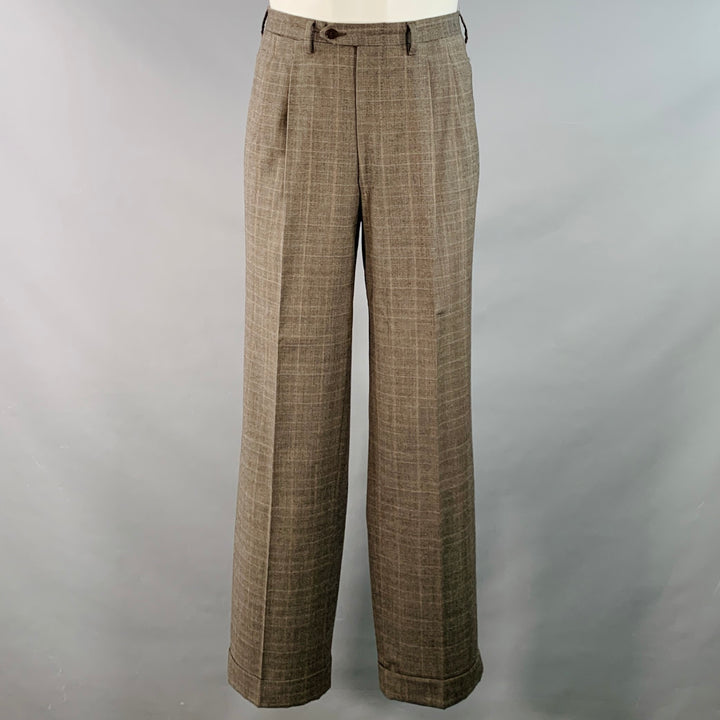 LUCIANO BARBERA Size 38 Regular Brown Plaid Wool Notch Lapel Pleated Suit