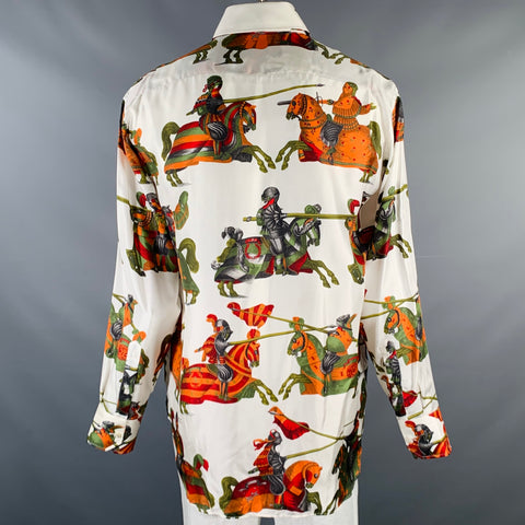 BILLIONAIRE COUTURE Size XL White Green Orange Print Silk Long Sleeve Shirt