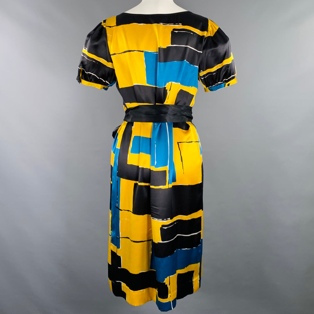 ALFANI Size 8 Yellow Black Silk Abstract Pleated Belted Dress Sui Generis Designer Consignment ALFANI Size 8 Yellow Black Silk Abstract Pleated Belted Dress Sui Generis Designer Consignment