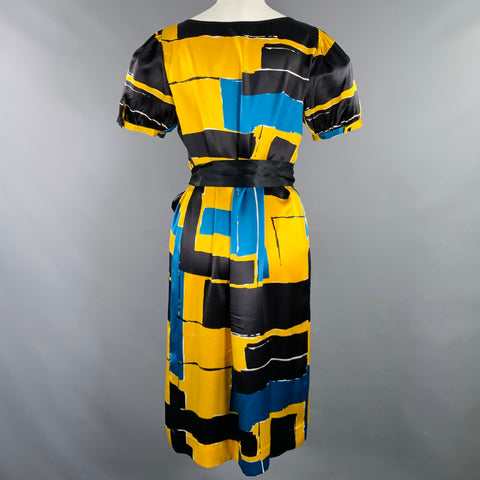 ALFANI Size 8 Yellow Black Silk Abstract Pleated Belted Dress