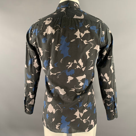 LANVIN Size S Black Grey Blue Abstract Floral Cotton Long Sleeve Shirt