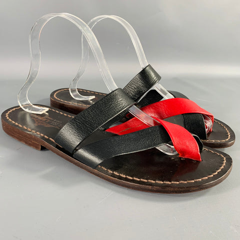 PRELUDIO Size 12 Black Red Leather Strappy Sandals