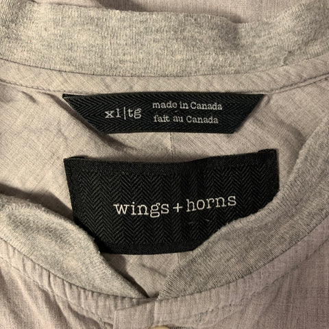 WINGS and HORNS Size XL Grey Heather Cotton Band Collar Short Sleeve Shirt