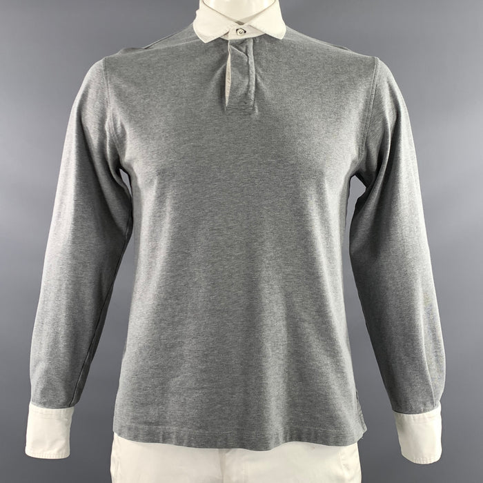 BRUNELLO CUCINELLI Size L Grey White Cotton Long Sleeve Polo