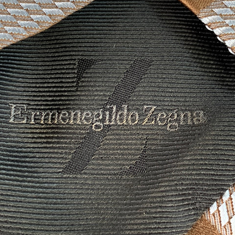 ERMENEGILDO ZEGNA One Size Brown Light Blue Diagonal Stripe Silk Cotton Tie