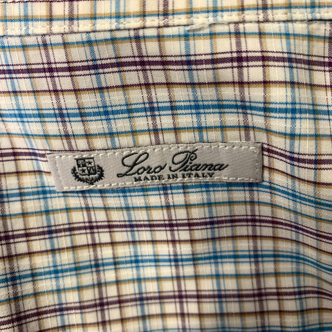 LORO PIANA Size XL White Purple Blue Plaid Cotton Long Sleeve Shirt