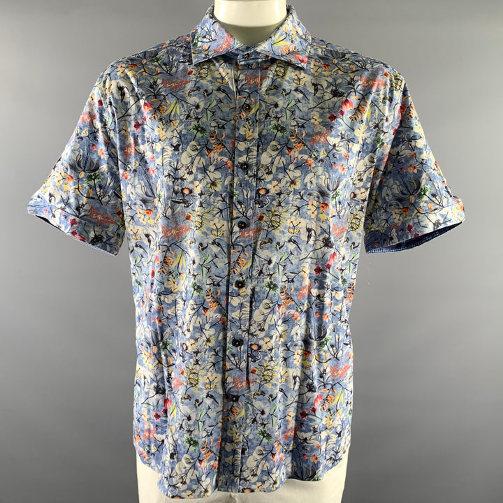 ROBERT GRAHAM Size XXXXl Blue Floral Cotton Blend Short Sleeve Shirt