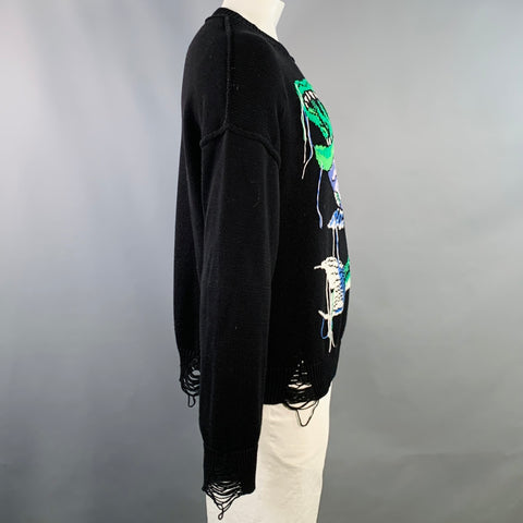 MSGM Size XL Black Green White Fish Distressed Cotton Crew Neck Sweater