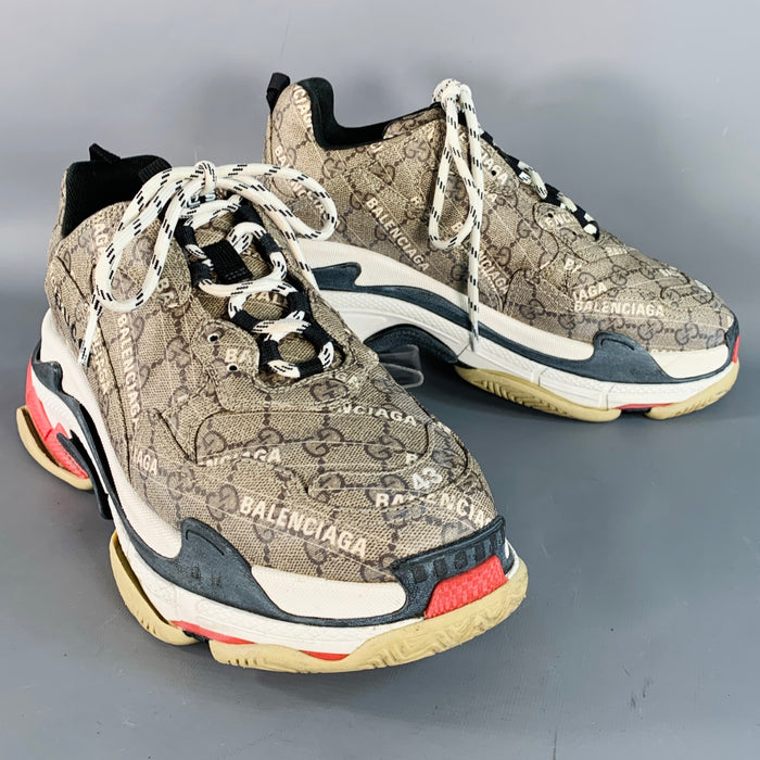 BALENCIAGA x GUCCI Size 10 Triple S Brown White Logo Chunky Sole Sneakers