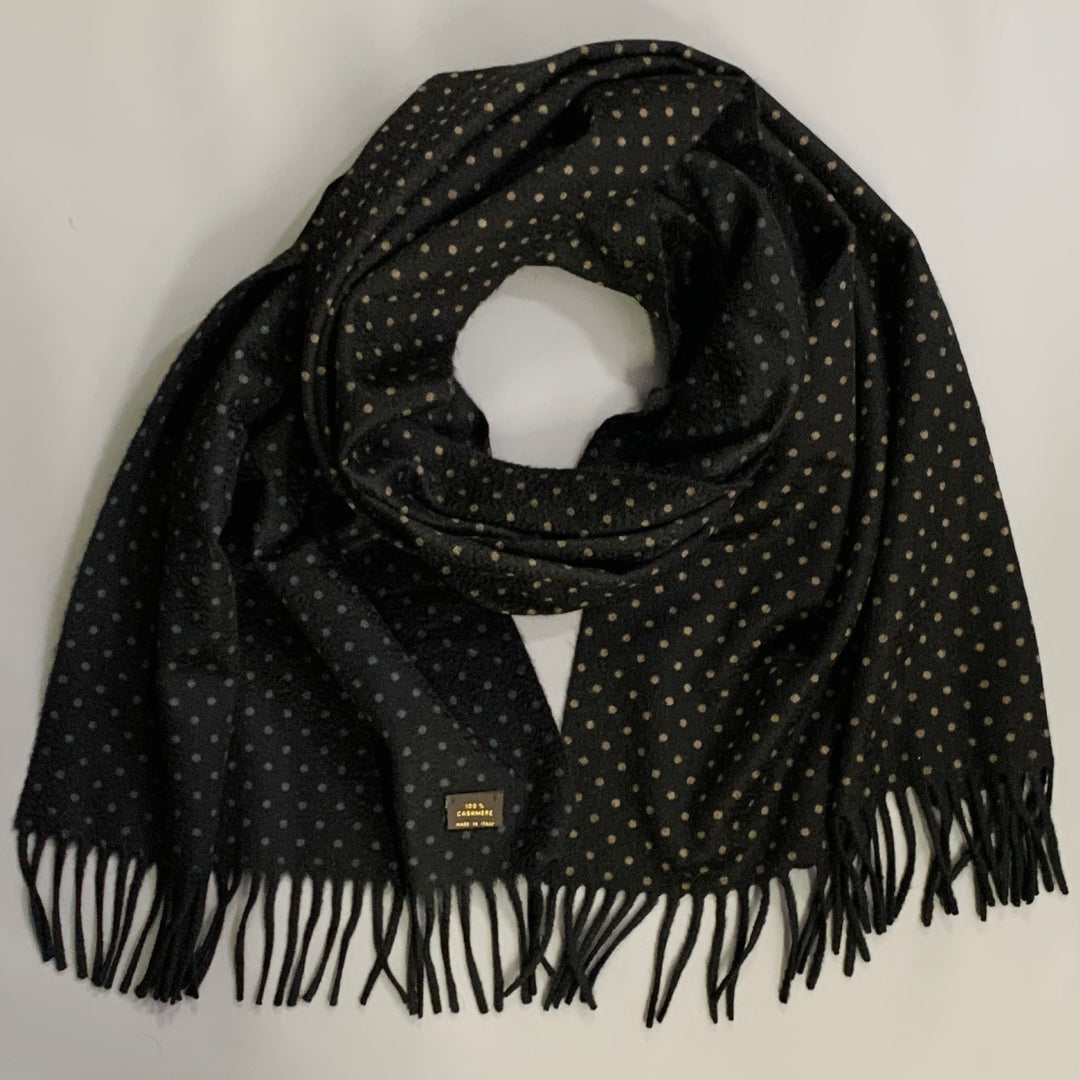 LORO PIANA Black Blue Tan Dots Reversible Cashmere Fringe Scarf