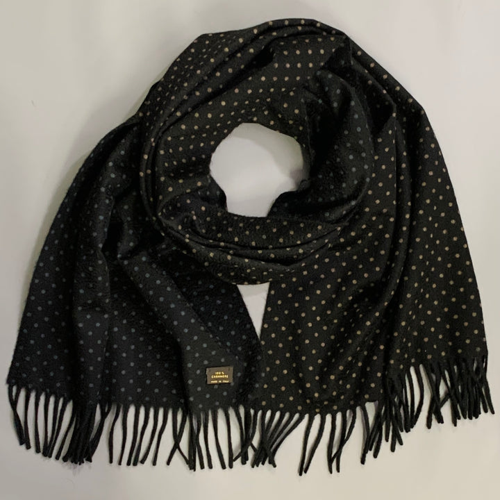LORO PIANA Black Blue Tan Dots Reversible Cashmere Fringe Scarf