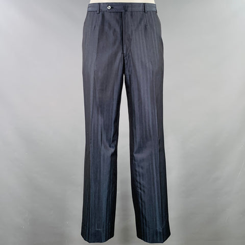 ISAIA Size 46 Long Navy Stripe Wool Silk Notch Lapel Suit