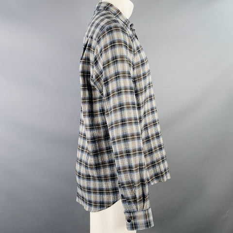 YMC Size M Curtis Grey Brown Plaid Cotton Cashmere Blend One Pocket Long Sleeve Shirt
