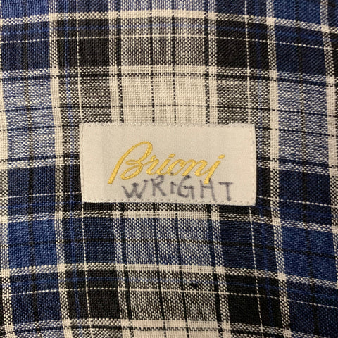 BRIONI Size L Blue Black White Plaid Linen Pointed Collar Long Sleeve Shirt