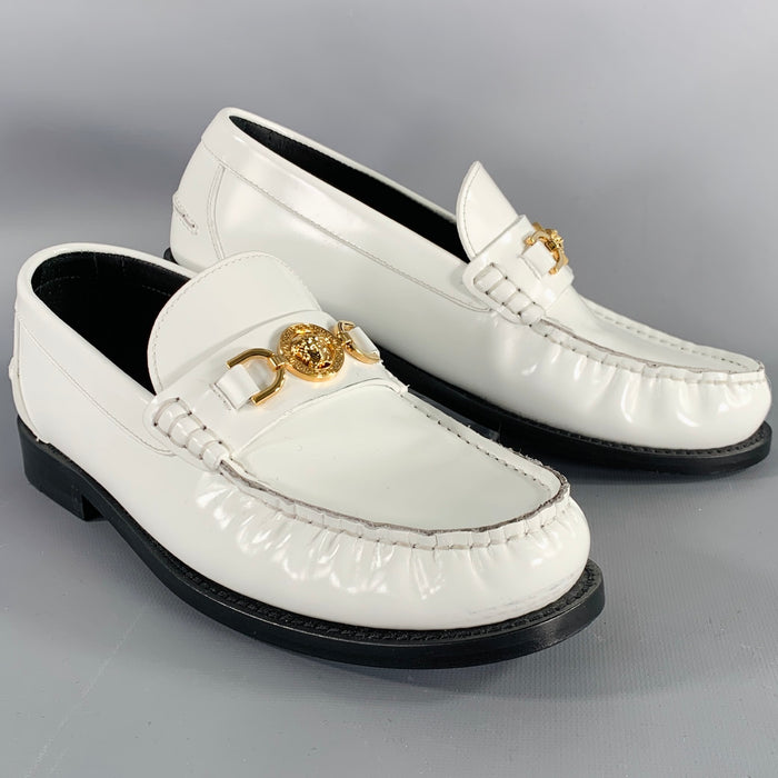 VERSACE Size 9 White Gold Leather Logo Moccasin Flats