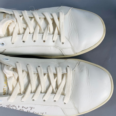 SAINT LAURENT Size 7 White Silver Leather Studded Low Top Sneakers