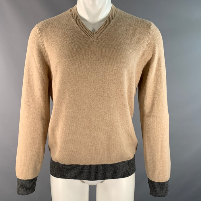 BRUNELLO CUCINELLI Size M Khaki Grey Color Block Cashmere V-Neck Pullover