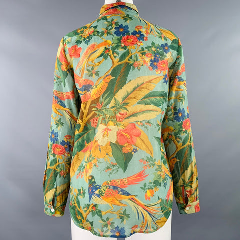 SEZANE Size 4 Green Multi Color Cotton Silk Floral Long Sleeve Blouse