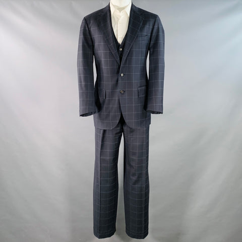 POLO by RALPH LAUREN Size 40 Regular Navy Grey Checkered Virgin Wool 3 Piece Suit