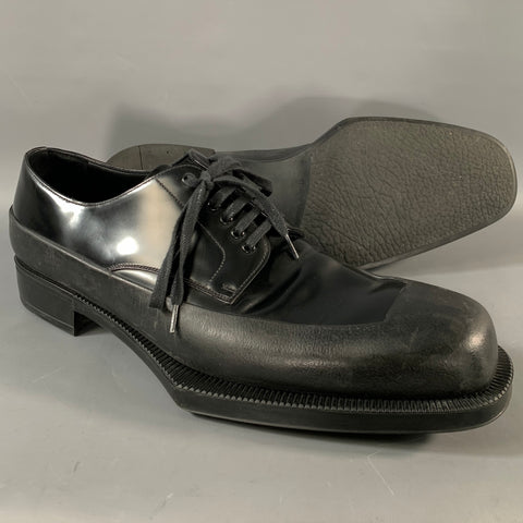 PRADA Size 12 Black Leather Derby Lace Up Shoes