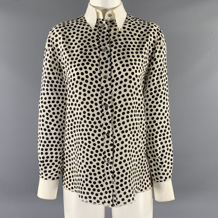 DOLCE & GABBANA Size S White Black Silk Spotted Pointed Collar Dress Top