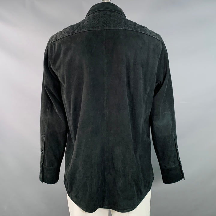 ROBERT GRAHAM Size L Black Embroidery Suede Contrast Trim Long Sleeve Shirt