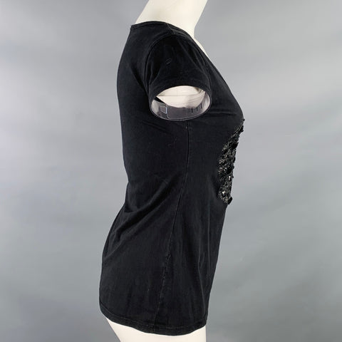 TERRANOVA Size M Black Cotton Beaded Glitter Heart T-Shirt