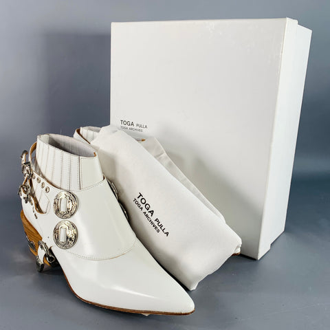 TOGA PULLA Size 8.5 White Silver Leather Pull On Western Harness Boots