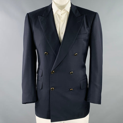 DUNHILL Size 44 Regular Navy Gold Wool Double Breasted Sport Coat