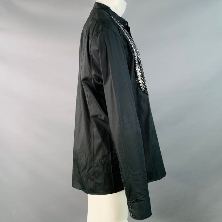 BALMAIN Size XS Black Silver Beaded Bib Nehru Collar Long Sleeve Shirt