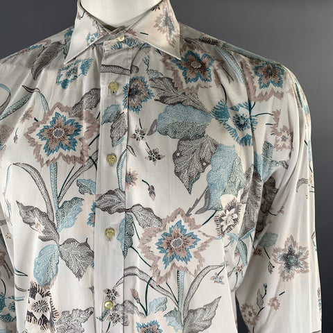 ETRO Size XL White Blue Brown Floral Long Sleeve Shirt