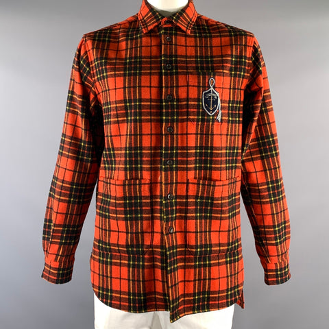 GUCCI Size XL Orange Black & Yellow Plaid Cotton Shirt Jacket Long Sleeve Shirt