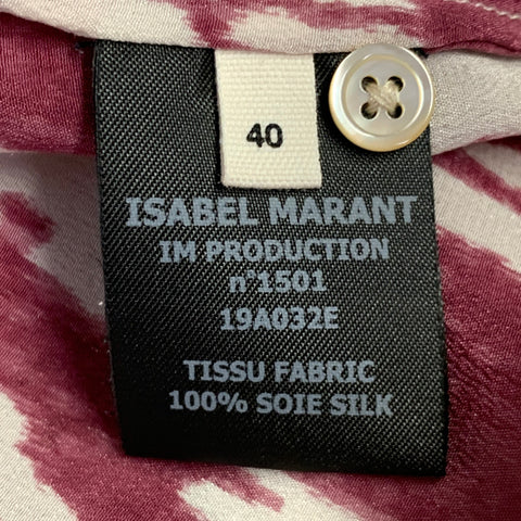 ISABEL MARANT Taille M Blouse Yoshi en Soie Imprimé Animal Blanc Framboise à Volants