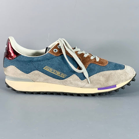GOLDEN GOOSE STARLAND Size 11 Blue Grey Brown Color Block Canvas Suede Low Top Sneakers