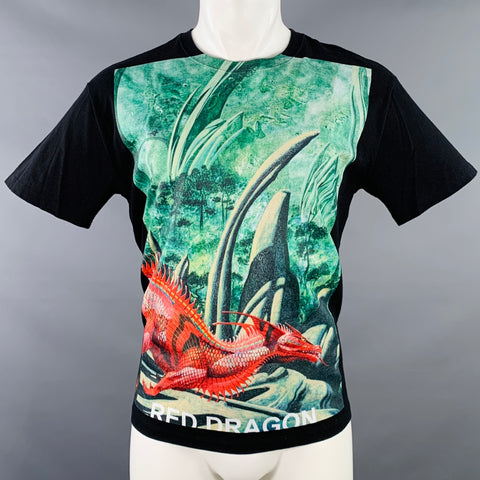 VALENTINO 2019 Size S Black Green Red Dragon Graphic Cotton Crew Neck T-shirt