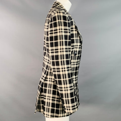 GIANFRANCO FERRE Vintage Size M Black White Wool Silk Plaid Double Breasted Jacket Blazer