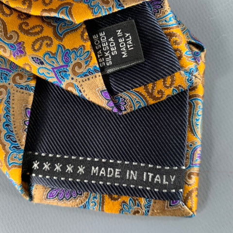 ERMENEGILDO ZEGNA Gold Blue Abstract Silk Satin Tie