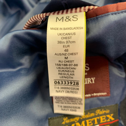 M & S LUXURY Size 38 Navy Twill Wool Blend Notch Lapel Sport Coat