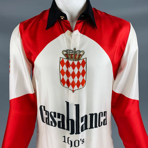 CASABLANCA Talla S AW21 Camisa Manga Larga Rojo Negro Blanco Logo Seda Botones Ocultos