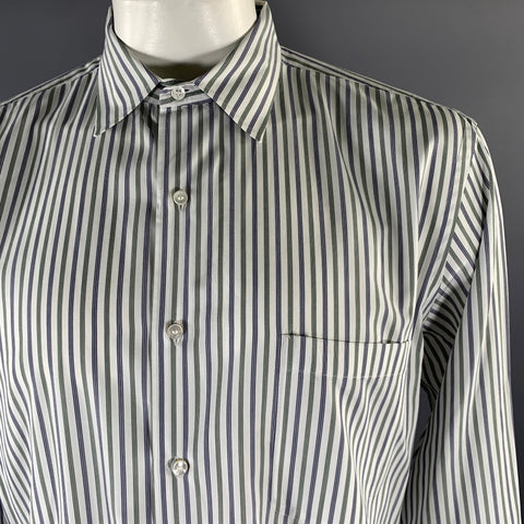 LORO PIANA Size L Green White Blue Stripe Cotton Long Sleeve Shirt