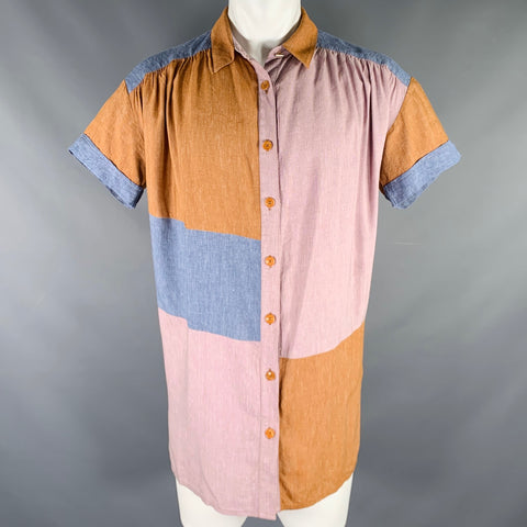 SESSU'N Size S Blue Purple Brown Linen Viscose Color Block Ruched Shirt
