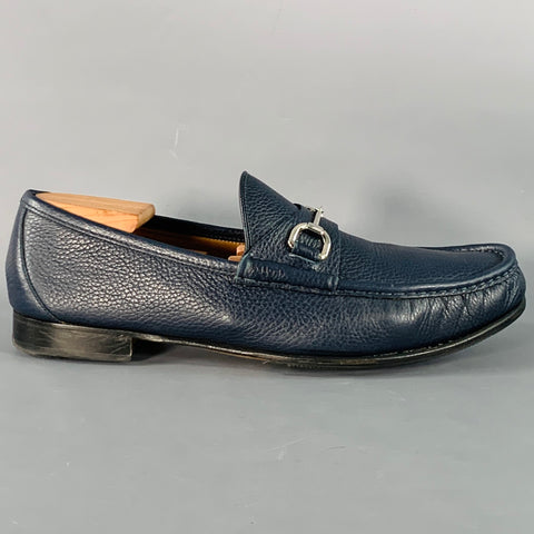 GUCCI Size 12 Navy Silver Pebble Grain Leather Horsebit Loafers