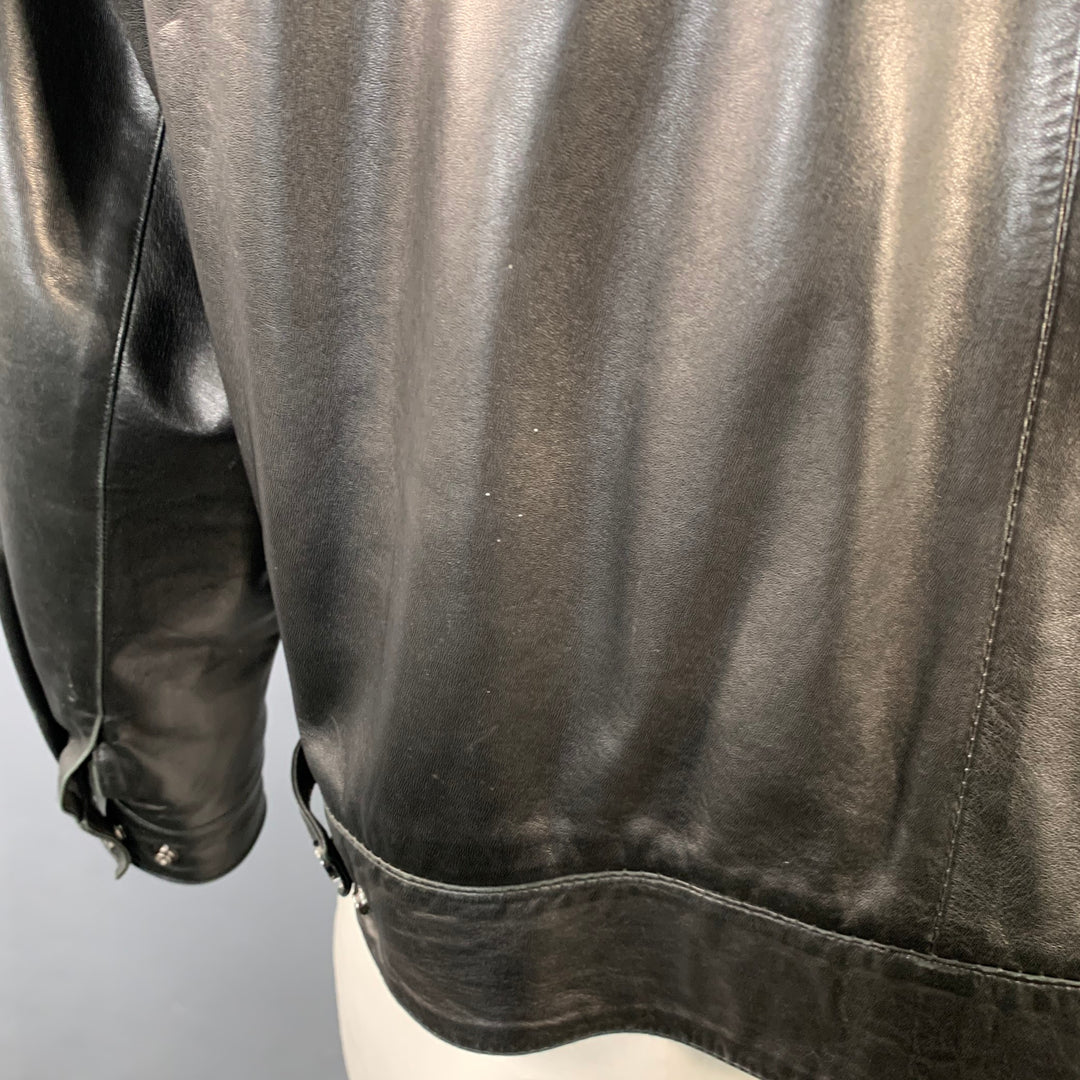 SALVATORE FERRAGAMO Size 42 Black Leather Zip Up Jacket