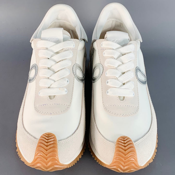 LOEWE Size 9 White Metallic Silver Nylon Suede Logo Sneakers