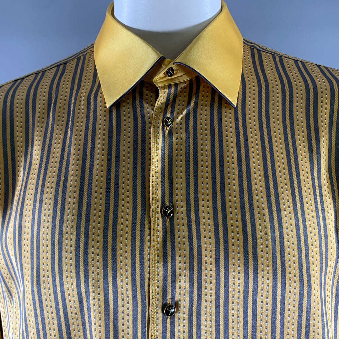 GERLIN Size XL Gold Grey Stripe Silk Pointed Collar Long Sleeve Shirt