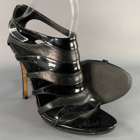 GUCCI Size 9.5 Black Leather Patent Leather Back Zipper Cage Sandals